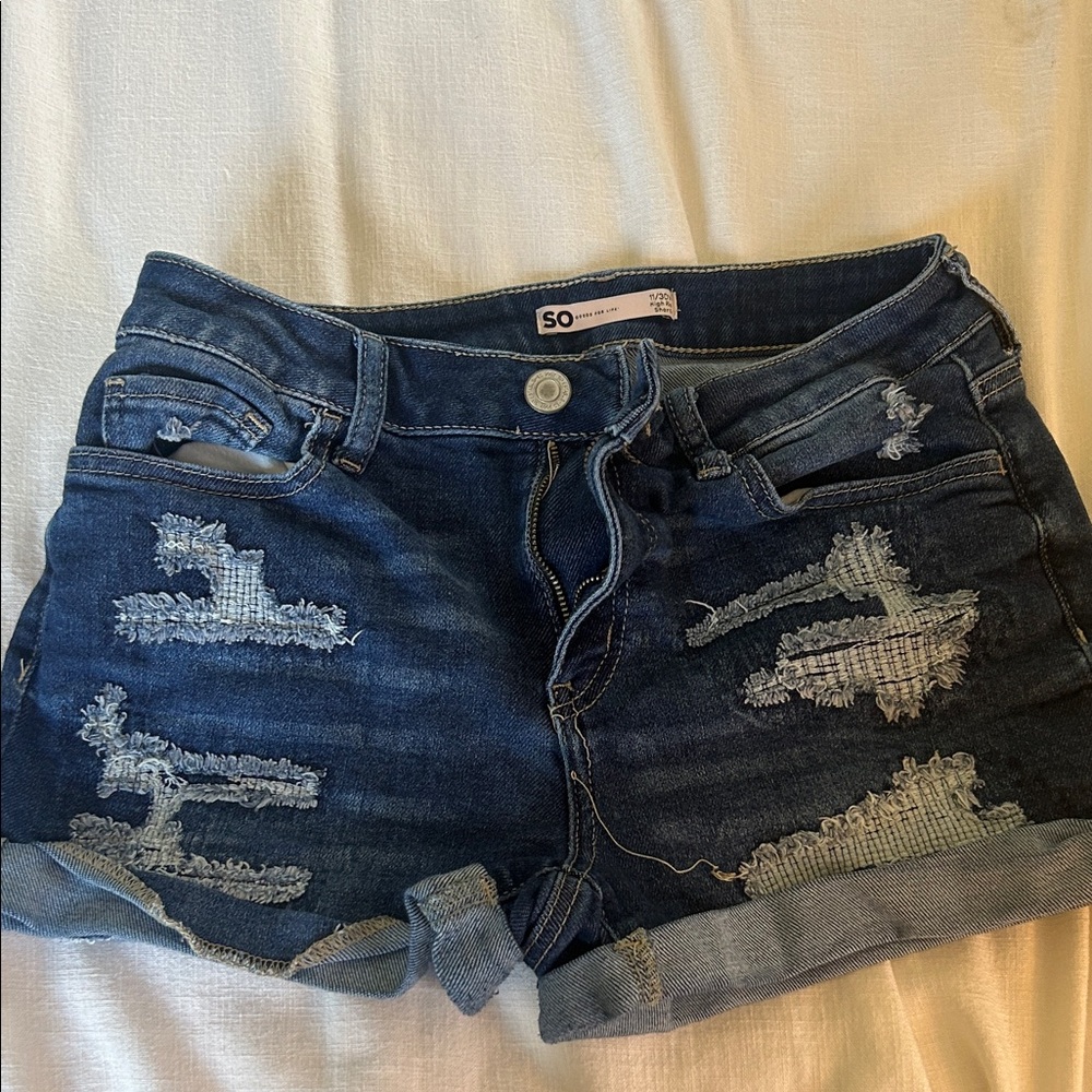 SO Women's Ripped Jean Shorts - Dark Blue